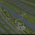 Modern Urban Riverside Park Landscape Design With Lush Green Belts And Comfortable Public Leisure Walkways