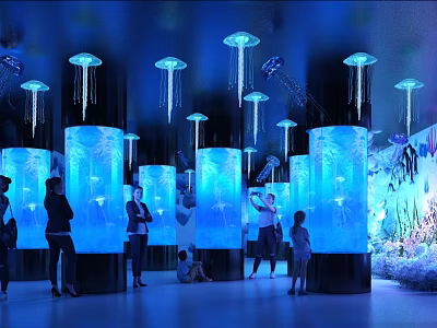 Illuminated Jellyfish Aquariums In Modern Bar Interior With Guests Enjoying Ambience 3d model