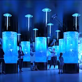 Illuminated Jellyfish Aquariums In Modern Bar Interior With Guests Enjoying Ambience