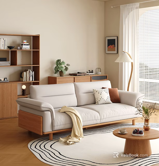 Modern Beige Sofa With Wooden Frame And Round Coffee Table Set In Living Room 3d model 