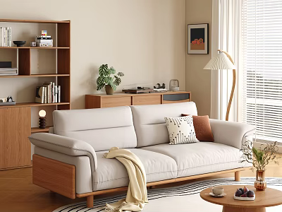 Modern Beige Sofa With Wooden Frame And Round Coffee Table Set In Living Room 3d model