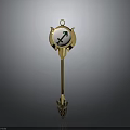 Golden Weapon Scepter With Circular Top Green Arrow Symbol And Ornate Bottom Design