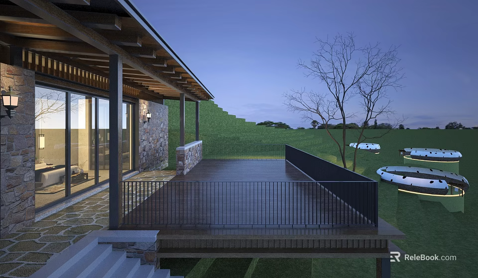 Modern Boutique Guesthouse With Wooden Deck Black Railings Large Glass Windows And Green Lawn Surroundings 3d model 