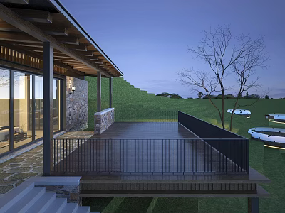 Modern Boutique Guesthouse With Wooden Deck Black Railings Large Glass Windows And Green Lawn Surroundings 3d model