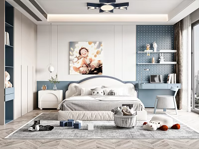 Boy's Room Children's Room Bedroom Children's Bed Desk Children's Wardrobe Bedside Table Single Chair Carpet 3d model
