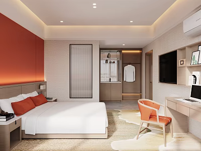 Modern Hotel Room Interior Featuring White Bed Red Pillows Orange Accent Wall And Work Desk 3d model
