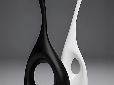 Modern Black And White Sculptural Vases With Curved Design And Circular Cutouts 3d model