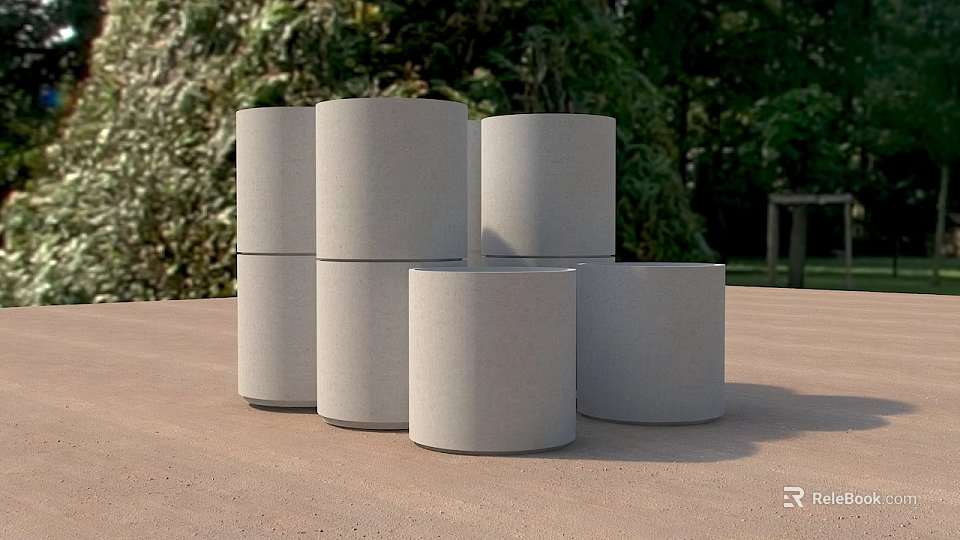 Construction Site Featuring Stacked Gray Concrete Cylinders With Green Vegetation 3d model