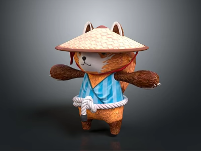 Cute Animal Character Wearing Straw Hat And Blue Striped Kimono 3d model