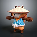 Cute Animal Character Wearing Straw Hat And Blue Striped Kimono