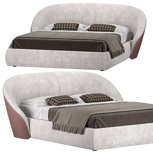 Modern Double Bed Design With Curved Upholstered Headboard Plaid Pillows And Tasseled Blanket 3d model 