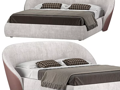 Modern Double Bed Design With Curved Upholstered Headboard Plaid Pillows And Tasseled Blanket 3d model