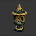Blue And Gold Decorative Vase With Lion Head Lid And Floral Patterns On Square Base