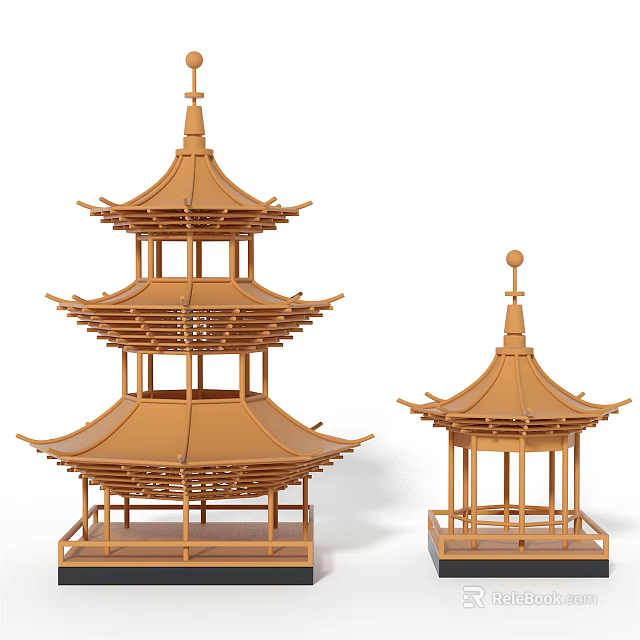 Chinese Style Wooden Pagoda Ornament Decoration Set With Multi tiered and Single tiered Designs 3d model 