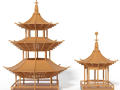 Chinese Style Wooden Pagoda Ornament Decoration Set With Multi tiered and Single tiered Designs 3d model