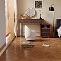 Modern Room Interior With White Stool Wooden Desk Blinds Striped Cushion And Wooden Floor