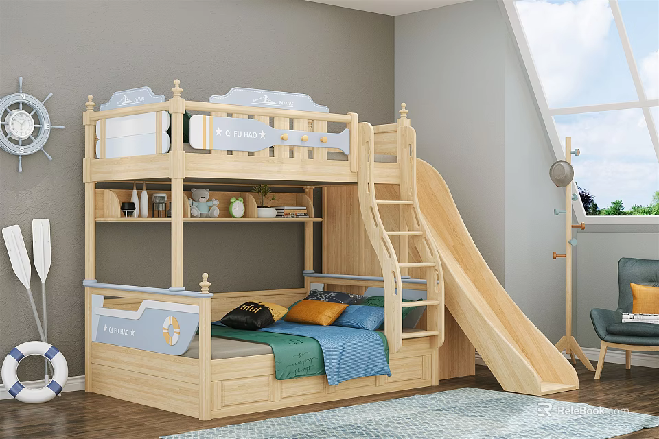 Wooden Bunk Bed With Slide Ladder Storage And Colorful Pillows In Cozy Kids Room 3d model 