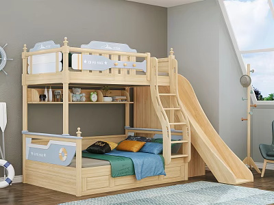 Wooden Bunk Bed With Slide Ladder Storage And Colorful Pillows In Cozy Kids Room 3d model