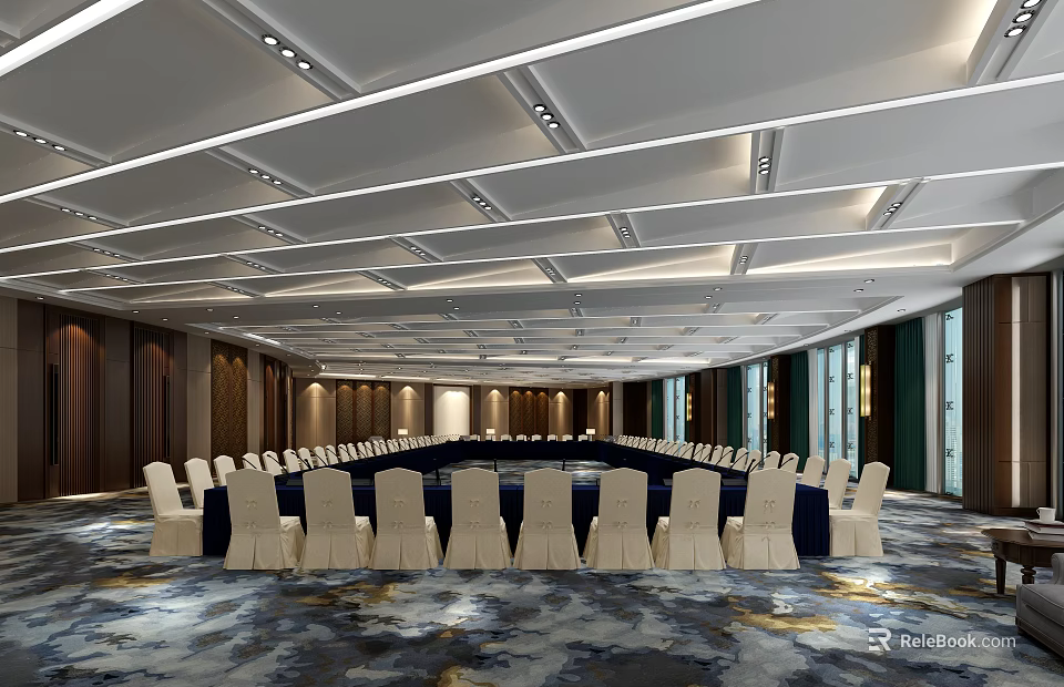 Spacious Conference Room With Long Table White Chairs Modern Ceiling Design And Windows 3d model 