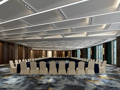Spacious Conference Room With Long Table White Chairs Modern Ceiling Design And Windows 3d model
