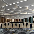 Spacious Conference Room With Long Table White Chairs Modern Ceiling Design And Windows