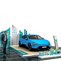 Blue New Energy Vehicle Display with Green Signage and Person at Exhibition Platform