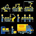 Industrial Silhouette Showing Robotic Arms Workers Conveyor Belts And Delivery Truck With Packages