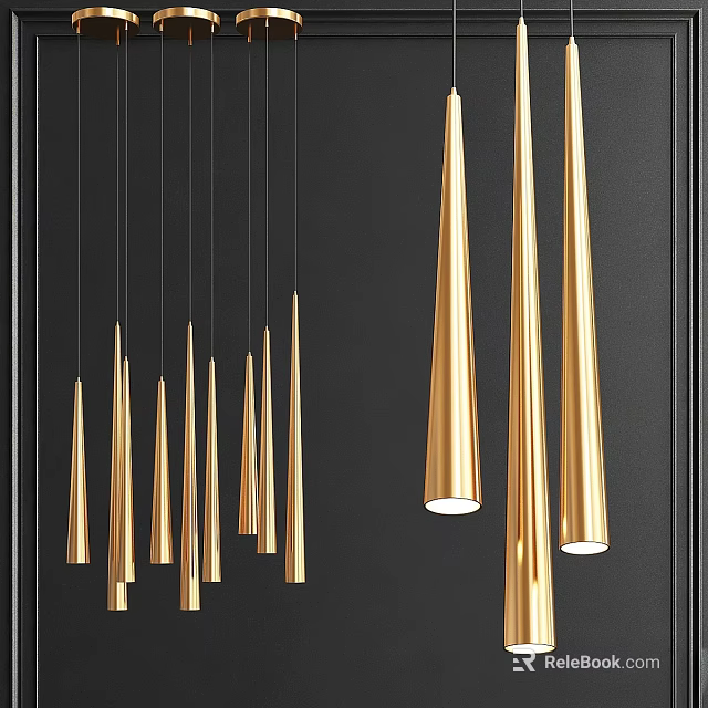 Multiple Golden Conical Chandeliers Hanging In Modern Interior Design 3d model