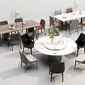 Modern Stylish Dining Table Sets with Round Rectangular Tables Matching Chairs and Decorative Plants 3d model