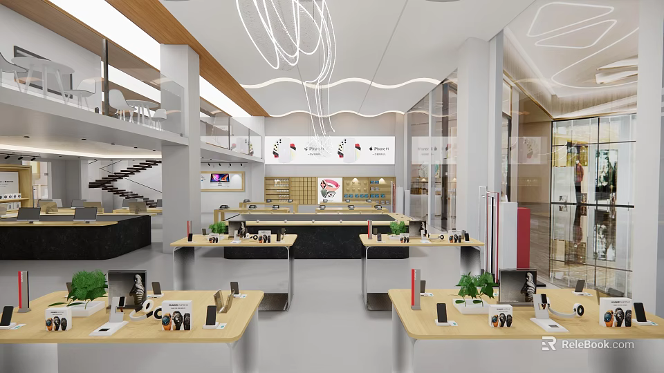 Modern Digital Store Interior With Display Tables Mobile Phones And Accessories 3d model 
