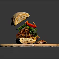 Fresh Artisan Sandwich With Red Bell Peppers Fresh Greens And Sliced Meat On Wooden Board