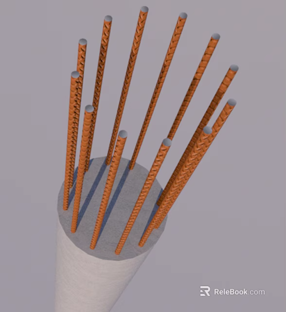 Orange Rebar Bars Vertically Arranged On Gray Concrete Base Structure 3d model