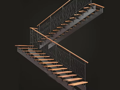 Modern Interior Staircase Design With Wooden Treads And Metal Railings 3d model