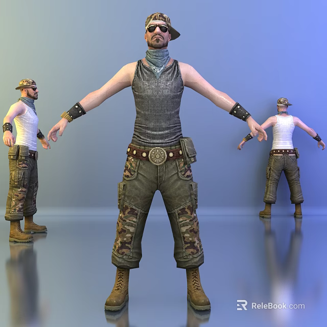 Man In Sleeveless Top Headscarf Decorative Belt Camouflage Pants And Boots With Different Poses 3d model 