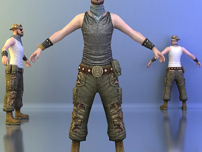 Man In Sleeveless Top Headscarf Decorative Belt Camouflage Pants And Boots With Different Poses 3d model