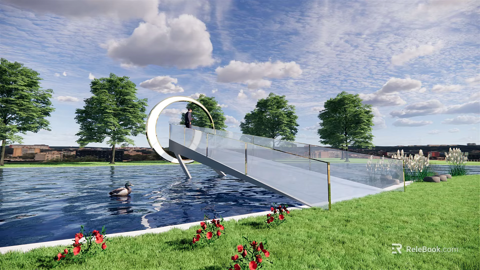 Curved Modern Bridge Over Water Surface With Ducks Grass Trees And Red Flowers 3d model 