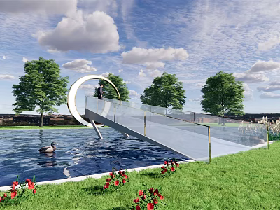 Curved Modern Bridge Over Water Surface With Ducks Grass Trees And Red Flowers 3d model