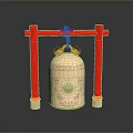 Red Torii Like Frame Hanging Decorative Copper Bell With Carved Patterns And Reflection 3d model