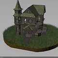 Wooden Cottage With Green Mossy Roof And Spire In Grassy Surroundings
