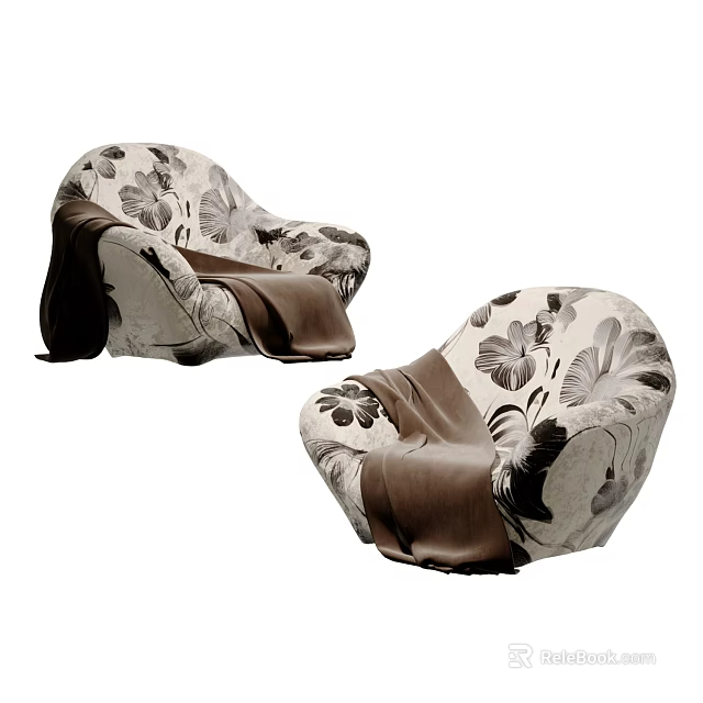 Elegant Single Sofa With Floral Pattern Draped With Brown Blanket For Living Room 3d model 