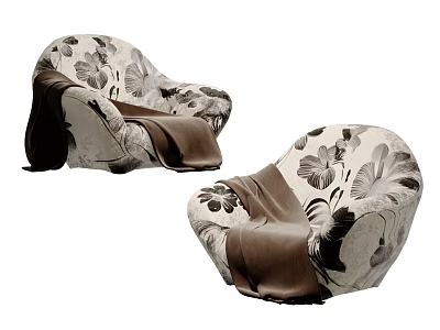 Elegant Single Sofa With Floral Pattern Draped With Brown Blanket For Living Room 3d model
