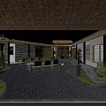 Traditional Chinese Courtyard Garden Landscape With Pebble Ground Wooden Tables Chairs Green Plants And Lighting