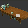 Wooden Oval Coffee Table with Scroll Teapot Blue Cup Books White Paper and Drawer