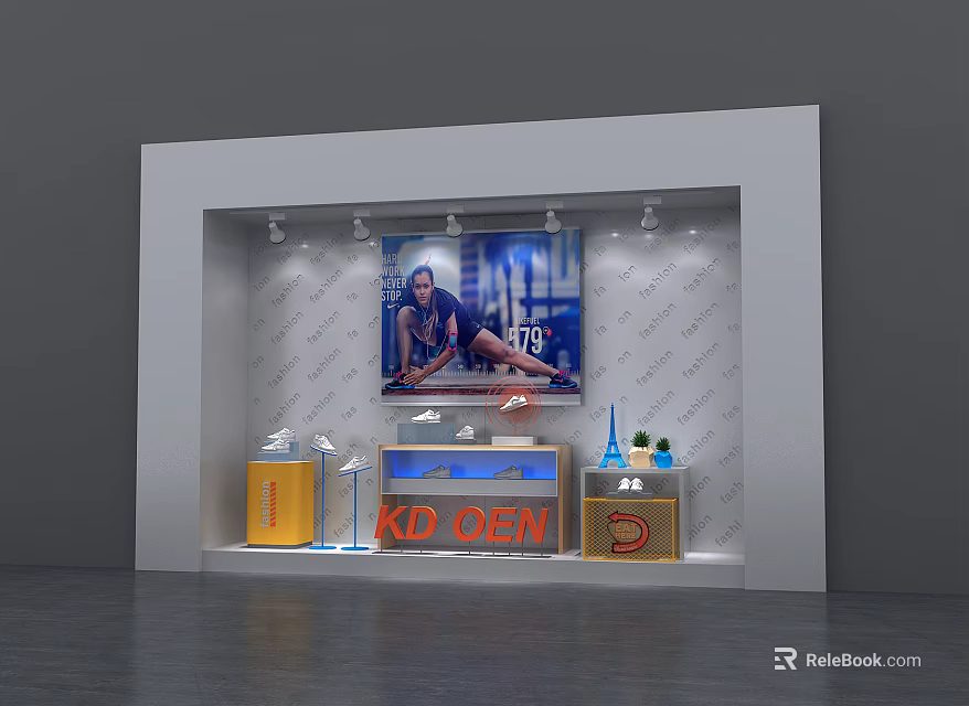 Window Display Featuring Large Screen KD OPEN Sign Spotlights And Decorative Items 3d model