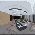 Modern Conference Room Interior With Long Table Beige Chairs Red Flags And Large Screen