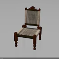 Traditional Red Wooden Chair With Woven Seat Backrest And Decorative Carved Top