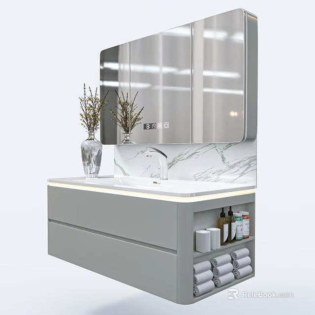Modern Bathroom Vanity With Marble Countertop Mirror LED Lighting And Storage Cabinet 3d model 