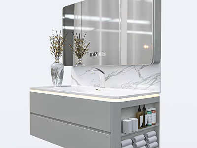 Modern Bathroom Vanity With Marble Countertop Mirror LED Lighting And Storage Cabinet 3d model