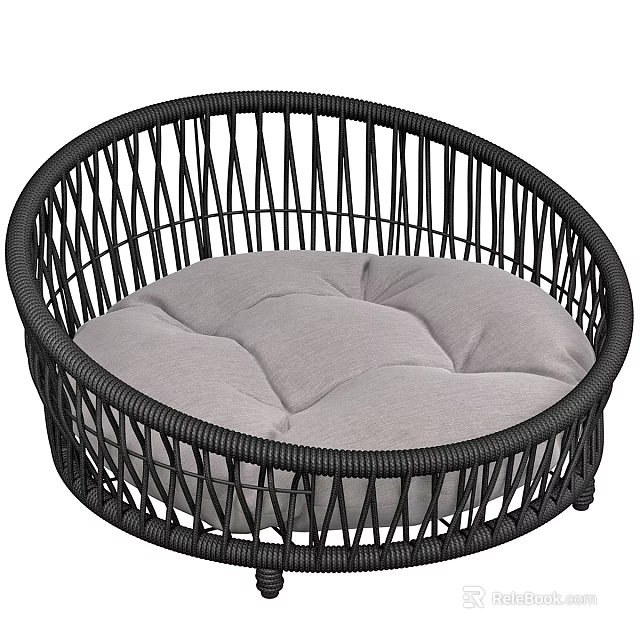 Stylish Black Rattan Pet Furniture With Round Design And Gray Cushion 3d model 