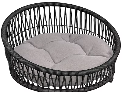 Stylish Black Rattan Pet Furniture With Round Design And Gray Cushion 3d model